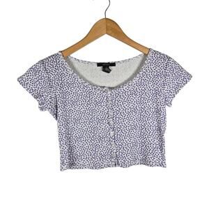 Forever 21 Womens Blue White Floral Henley Cropped Baby Tee Small Y2k Soft Girl